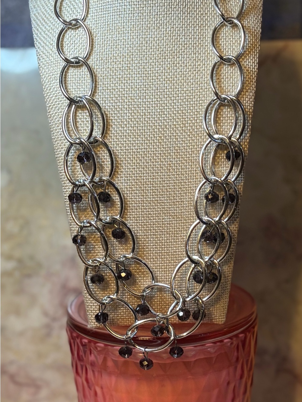 Silver Linked Chain Necklace with Smokey Purple Crystal Drops - Women Jewelry
